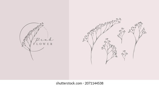 Set of inimal feminine botanical floral branch and logo. Hand drawn wedding herb, homeplant with elegant leaves. Botanical rustic trendy greenery vector