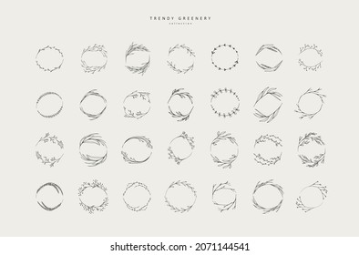 Set of inimal feminine botanical floral branch and logo. Hand drawn wedding herb, homeplant with elegant leaves. Botanical rustic trendy greenery vector