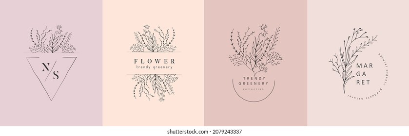 Conjunto de ramas y logo florales botánicos femeninos iniciales. Hierba de bodas dibujada a mano, planta de casa con hojas elegantes. Vector de vegetación botánico-rústico de moda