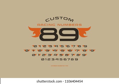 Set of initial extended numbers in racing style. For logo, sticker and emblem design. Isolated on brown background