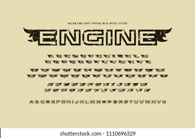 Set of initial hollow letters in racing style. Typeface with rough texture for logo, sticker and emblem design