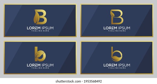 Conjunto de la letra inicial del logotipo B con el color de la hoja y el estilo dorado. Plantilla de logotipo simple y elegante. Vector Premium  