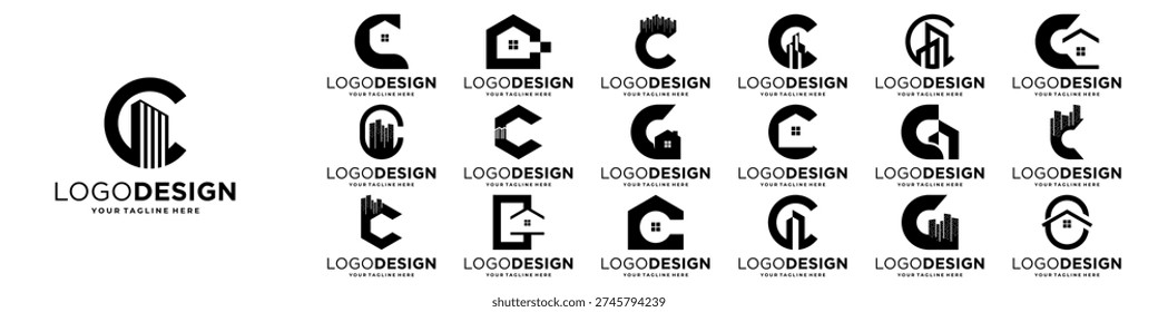 Set of initial letter C logo design with real estate, building, property logo concept