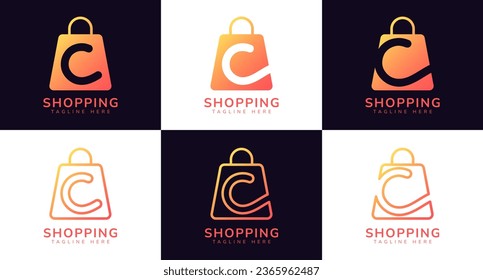 Conjunto de la letra inicial del logotipo de la tienda C. Este logotipo combina letras y bolsos de compra con colores vivos. Perfecto para tiendas, ecommerce, ventas, elementos de tienda web y empresas relacionadas con el comercio.