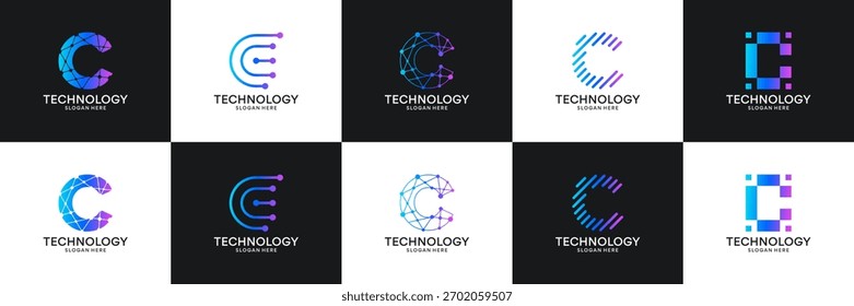 Conjunto de letra inicial C tecnologia circuito conexão de dados digitais rede logotipo inspiração.