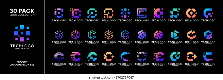 Conjunto inicial de letra C tecnologia inspiração de design de logotipo. Vetor de ícone de logotipo abstrato geométrico isolado no fundo preto.