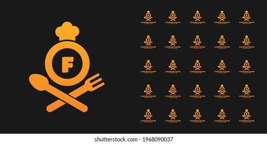 Establecer la plantilla de diseño del logotipo del alimento de la letra inicial. Gráfico vectorial de ilustración. Diseño de fork, cuchara y sombrero de chef con símbolo de letra. Perfecto para cafés, restaurantes, negocios de cocina