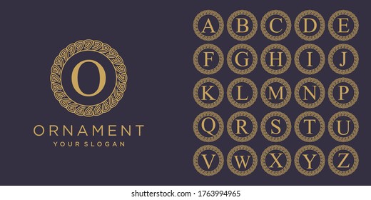 set of Initial Letter Luxury Ornament Monogram Logo. Decorative Crown Ring set design. Luxury Silver Initial alphabet Logo Design Template.