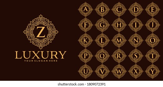 Conjunto de letra inicial del logotipo de adorno de adorno de lujo en monograma. conjunto decorativo de coronas. plantilla de logotipo inicial de alta plata.