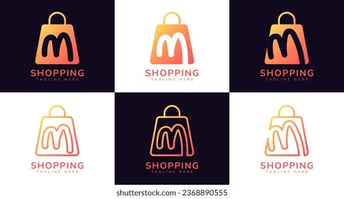 Set of initial letter M shop logo. This logo combines letters and shopping bag using bright gradation colors. Perfect for shops, ecommerce, sales, web store elements and companies related to commerce.