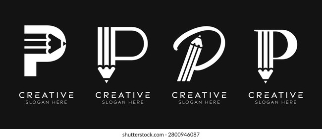 Set of initial letter P pencil logo design templates. Modern isolated letter P with pencil elements designs.