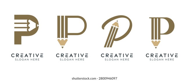 Set of initial letter P pencil logo design templates. Modern isolated letter P with pencil elements designs.