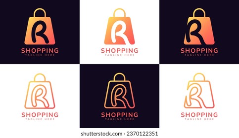 Set of initial letter R shop logo. This logo combines letters and shopping bag using bright gradation colors. Perfect for shops, ecommerce, sales, web store elements and companies related to commerce.