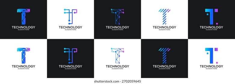 Conjunto de letra inicial T tecnologia circuito conexão de dados digitais rede logotipo inspiração.