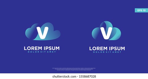 set of initial letter v cloud logo isolated on blue. modern icon, template design
