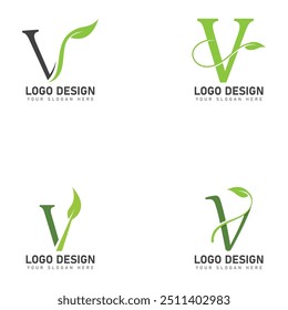 set of initial letter v with leaf logo design vector icon