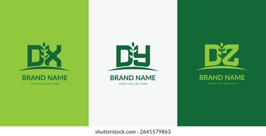 Set of initial letters DX, DY, and DZ with grow plant leaf logo design concept. Nature agriculture farm business logo