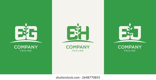 Set of Initial letters EG, EH, and EJ logo with grow plant leaf nature symbol flat design. Minimal letter mark good to use for agriculture farm eco business logo icon