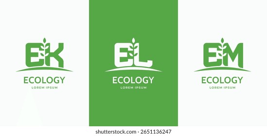 Conjunto de letras iniciais EK, EL e EM com o projeto do logotipo da planta de crescimento. EK EL EM monograma natureza folha símbolo logotipo sinal