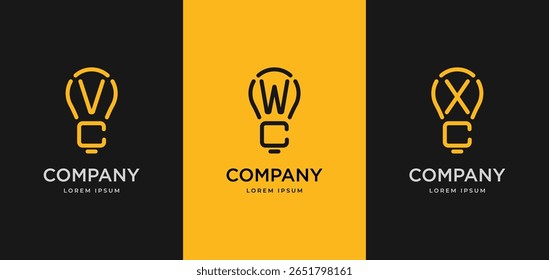Conjunto de letras iniciais VC ou CV, WC ou CW, e XC ou CX linhas simples abstrato lâmpada forma ícone logotipo ícone símbolo design vetor ilustração