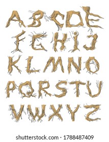 Set initial letters from A to Z. Decorative font from tree roots. Environmental design. Nature typography