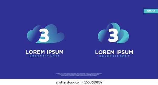 set of initial number 3 cloud logo isolated on blue. modern icon, template design