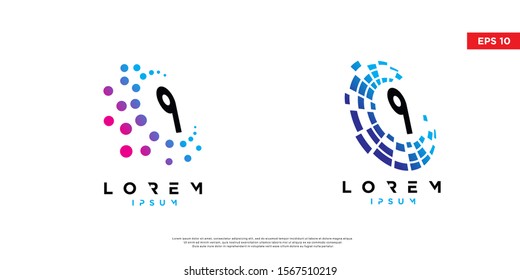 set of initial number 9 tech logo. modern icon, template design. isolated on white