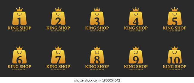 Set Initial Number King Shop Logo Design Template. Illustration vector graphic. Design concept shop bag and crown With number symbol. Perfect for Ecommerce, sale, discount or store web element.