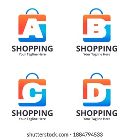 Conjunto de plantillas de diseños de logotipo de tienda inicial. Ilustración vectorial gráfico del concepto de diseño del logotipo combinado de letras y bolsas de compra. Perfecto para Ecommerce, venta, descuento o elemento web de tienda. 