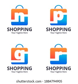Conjunto de plantillas de diseños de logotipo de tienda inicial. Ilustración vectorial gráfico del concepto de diseño del logotipo combinado de letras y bolsas de compra. Perfecto para Ecommerce, venta, descuento o elemento web de tienda. 