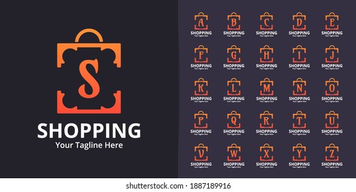 Conjunto de plantillas de diseños de logotipo de tienda inicial. Ilustración vectorial gráfico del concepto de diseño del logotipo combinado de letras y bolsas de compra. Perfecto para Ecommerce, venta, descuento o elemento web de tienda. 