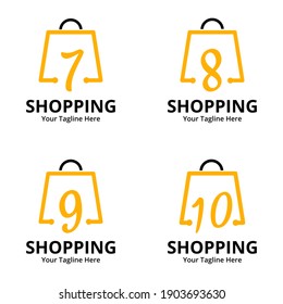 Conjunto de plantillas de diseños de logotipo de tienda inicial. Ilustración vectorial gráfico del concepto de diseño del logo de la combinación de número y bolsa de compra. Perfecto para Ecommerce, venta, descuento o elemento web de tienda. 