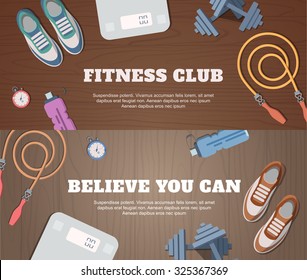 Set initial submissions with a wooden backdrop for fitness and sport. Vector set of tools