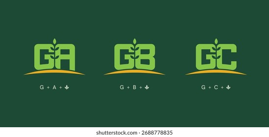 Set of initials letter GA, GB, and GC with grow plant logo design. GA GB GC monogram nature leaf symbol logo sign