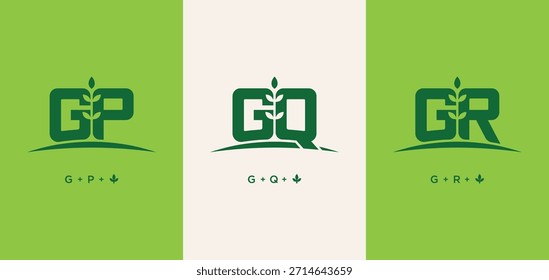 Set of initials letter GP, GQ, and GR with grow plant logo design. GP monogram leaf. GQ letter nature symbol. Initial GR agriculture farm logo