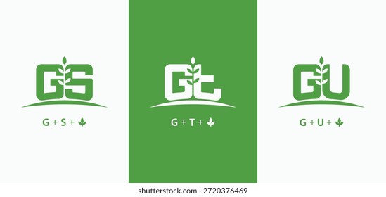 Satz der Initialen Buchstaben GS, GT und GU mit wachsen Pflanzen Logo-Design. GS GT GU Monogramm Natur Blatt Landwirtschaft Bauernhof Symbol Logo Kollektionen