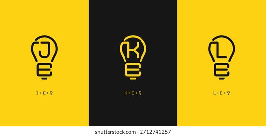 Satz der Initialen Buchstaben JE, KE, und LE Glühbirne Form Logo Design einfache lineare Stil. JE KE LE Monogramm Technologie Symbol Logo Symbol