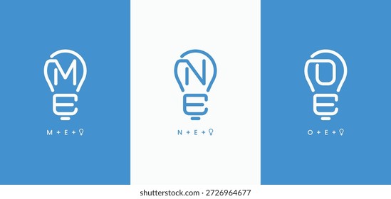 Set of initials letter ME, NE, and OE simple line light bulb shape logo design. ME NE OE monogram technology logo collections
