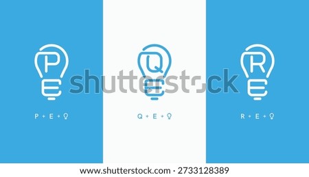 Set of initials letter PE QE RE simple line lightbulb shape logo design. PE or EP, QE or EQ, and RE or ER letter mark electric technology symbol logo icon