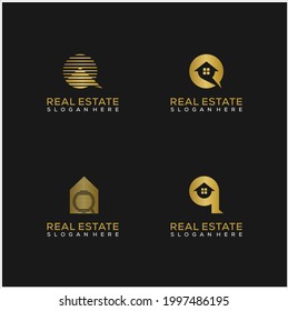 Conjunto de Iniciales Diseño Q con un color de estilo dorado para el inmueble y el negocio