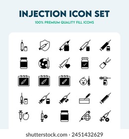 Set of injection icons. It contains icons such as pills, medical syringes, and more. Premium quality icon collection.