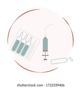 Set for injection, vaccination in flat style. Ampoules with medicine, solution, vaccine, ready-made syringe for injection. Vector illustration on white background.