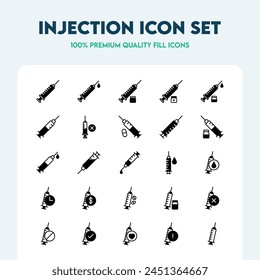 Set of injection-related vector fill icons. It contains icons such as pills, medical syringes, and more. Premium-quality icon collection.