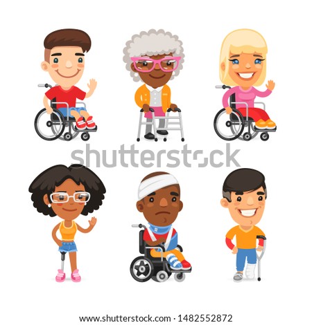 Set of injured people flat characters in wheelchairs and various cases. Isolated on white background.