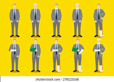 Set of injuries businessman with suit icon. Broken arm, leg, torso, head with bandage and plaster casted.  - Shutterstock ID 278123168
