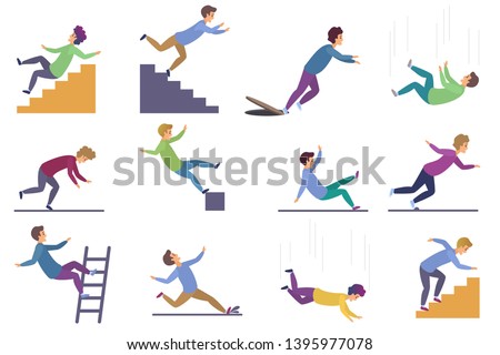 Set of injuring people falling down the stairs and over the edge, ladder, drop from the altitude, wet floor falling, stumbling on the sewer hall, tripping on stairs isolated on white background.