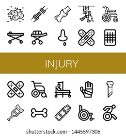 Set of injury icons such as Collision, Stretcher, Joint, Nose bleeding, Injury, Band aid, Wheelchair, Gauze, Crutch, Bone, Hospital bed, Spinal board, Plastered arm, Disabled , injury