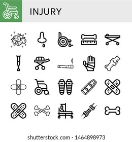 Set of injury icons such as Wheelchair, Collision, Nose bleeding, Bone, Stretcher, Crutch, Joint, Plastered arm, Band aid, Shin, Spinal board, Bones, Hospital bed , injury