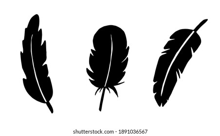 set of ink bird feathers in doodle style. hand-drawn illustration, black outline on white background