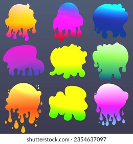 Conjunto de manchas de tinta. Resumen de la mancha de pintura con manchas de tinta artística, gotas, puntos, huellas de tinte húmedo. Textura de pincel de color de agua. Plantas de manchas sucias y siluetas salpicadas. Ilustración del vector